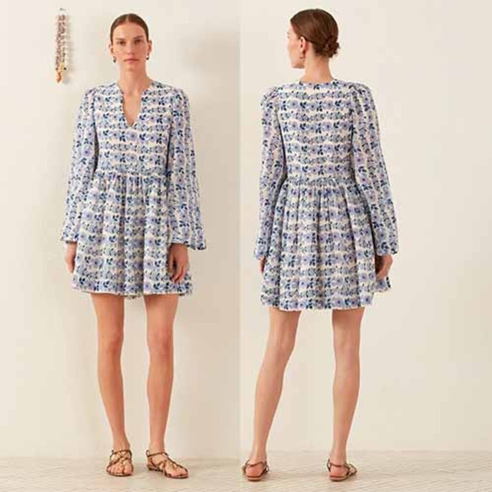 NEW Alix of Bohemia Silvie Iris Ivy Flared Sleeve Cotton Mini Dress Blue Size: M